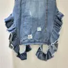 Kadın Yelekler Vintage Mavi Yıpranmış V Boyun Kovboy Yelek Ruffles Birleştirme kot yelek kadınlar Koreli gevşek kısa kot kollu ceket