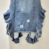 Kvinnors västar vintage blå frayed v hals cowboy midja ruffles skarvade denim väst kvinnor koreanska lösa korta jeans ärmlös jacka