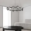 Chandeliers LED Round Gray Glass Ceiling Black Lustres Dimmable Lights Copper Hanging Lamps For Home Decor Bedroom