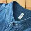 Mannen Casual Shirts #7636 Blue Jeans Shirt Mannen Stand Kraag Vintage Man Lange Mouwen Katoen Streetwear Denim Mannelijke losse Lente 2023