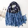 Scarves Spring And Summer Dark Blue Light Contrast Color Flower Tassel Cotton Linen Scarf Shawl Women's Thin Fashion Si