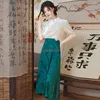 Ethnische Kleidung 2023 Chinesischer Nationalstil Halbkörperrock Blauer Jacquard Hohe Taille A-Linie Schlitzschnalle Retro Zweiteiliges Qipao-Set