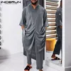 Herrspårar män muslim sätter satin fast färg v hals halva ärm kaftan byxor 2 st islamiska arabiska män kostymer jubba thobe s-5xl incerun 230725