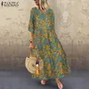 Grundläggande avslappnade klänningar Autumn Summer Zanzea Pleated Dress Women Vintage Vestidos Robe Tryckt Long Maxi Dresses Femme 3/4 Sleeve Tunic 230726