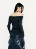 Women's Sweaters Striped Gothic Women Off Shoulder SLim Knitted Pullover Frayed Fairy Grunge Jumpers Emo Streetwear Lolita XC040