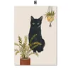 Cute Black Cat Poster e stampe Foglie verdi Piante Tela Pittura Wall Art Immagini nordiche per soggiorno Decor Home Decor Frameless w06