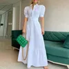 Vestidos casuales básicos Vintage Puff Sleeve Women Party Maxi Dress Elegante rayas Office Lady Long Fashion Turndown Collar Button Shirt 230726