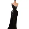 Schwarze One-Shoulder-Meerjungfrau-Abendkleider, sexy Perlen-Abschlussballkleid, ärmellos, bodenlang, Kristall, formelle Partykleider