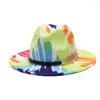 Berretti 2023 Cappelli colorati per le donne Fashion Flat Wide Brim Panama Feltro di lana Jazz Fedora Uomo Tie-dye Color Hat Cap