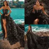 Dubai Arabic Gothic Black Sexy Evening Dresses Women Strapless Sequins Beaded Ruffles Tiered Tulle Chapel Train Hi-lo Special Occasion Prom Gowns Vestidos CL2647