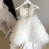 2020 fotos reais vestidos de florista jóias pescoço rendas apliques penas luxo meninas desfile vestido festa desgaste feito sob encomenda crianças fo250o