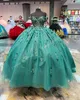 Glitter Tulle Quinceanera Dress 2024 Sequins Charro Mexican Quince Sweet 15/16 Birthday Party Gown for 15th Girl Prom Gala vestido de 15 anos Corset Sky-Blue Green Pink