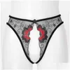 Calcinha feminina Tanga de renda aberta na virilha Lingerie erótica Tanga feminina de malha transparente Cintura baixa sem virilha bordada G-Stri Dhkaj