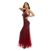 Women's Sequin V-Neck Sleeveless Mermaid Long Prom Dresses Chiffon Semi-Formal Maxi Evening Dress Elegant Sexy Backless Waist Bodycon Wrap Mermaid Cocktail Dresses