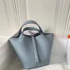 Nouveauté de luxe : sac panier de marché classique, sac seau en cuir véritable, couche supérieure en cuir de vachette grain litchi, sac à main simple et polyvalent pour femme – Fourre-tout Color-Block