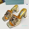 Summer Golden Womens Slide Mid Heel Sandals Pantoufles Designers Top Metal Label Cuir Caoutchouc Talons hauts