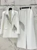 여자 2 피스 팬츠 무거운 공예 구슬 레트로 느슨한 양복 재킷 2 피스 가을 하이 웨이스트 다이아몬드 스터드 넓은 레그 패션