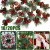 Flores decorativas 10/20 piezas piñas de Navidad ramas de agujas de pino con tallos de bayas rojas artificiales para guirnalda de árbol de Navidad manualidades regalos