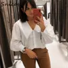 Femmes Blouses Chemises Snican basique blanc col claudine femmes blouse à manches longues bureau dames uniforme chemise za automne printemps camisa mujer chic 230726