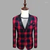 Costumes pour hommes hommes mode angleterre rouge Plaid à manches longues Costume manteau Costume présentateur de mariage robe coréenne discothèque mince