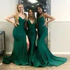 Party Dresses Evening Spaghetti Strap Elegant Deep V-Neck Floor-Length Backless Pleat Mermaid Simple Green Women Formal Gown G699