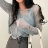 Suéteres femininos 2023 verão oco para fora tricô pulôver manga longa decote redondo largo coreano fofo sólido suéter casual feminino tops