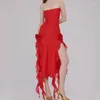 Lässige Kleider Mode Vintage Damen Sexy Temperament Eingewickelte Brust Nähte Spitze Offenes Bein Split Mittellanges Kleid