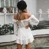 Casual Kleider Frauen Weißes Kleid Chiffon Off Schulter 2023 Sommer Mode Schlanke dame Mini Spitze Rüschen Feminino Vestido XL