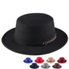 Berets Solid Color Autumn Winter Fashion Wool Hat Simple Round Flat Top Vintage Wide Fedoras Hats For Women Brim Chain Cap