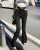 Women's Jeans Hollow Chain Black Flare Cargo Denim Pant High Waist Slim Bootcut Bell Bottom Korean Women Ladies Sexy Gothic Y2k Trouser