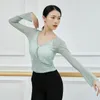 Active Shirts Dance Clothes Women'S Yoga Tops Long/Short-Sleeved Lace-Up Gauze Solid Color V-Neck Training Plus Size 2xl