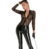 Top en dentelle serré épissage pantalon en cuir verni brillant PVC fermeture éclair entrejambe ouvert une pièce en cuir sexy sous-vêtements reine