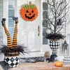 Fiori decorativi Ghirlanda di zucca di Halloween Riutilizzabile Gancio per porta con faccia di fantasma Panno artificiale Decorazione per la casa in rattan