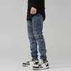 Männer Jeans High Street Fashion Männer Retro Blau Elastische Slim Ripped Biker Gespleißt Designer Zipper Hip Hop Punk Hosen hombre