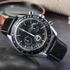 2023 omeg Master Mens Watch Japan Quartz Movement Subdial Chronograph Stopwatch Soft Leather Strap Luminous Splash Waterproof Design Clock Montre De Luxe