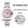 V6F W6920100 SEKO NH05A Automatisk damer Womens Watch Steel Case Pink Mop Dial Black Roman Markers Steel Armband Edition 33m205o