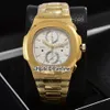 Nuevo 5990 Oro amarillo Textura blanca Dial Miyota Cuarzo Cronógrafo Reloj para hombre Relojes deportivos Cronómetro Acero inoxidable Alta calidad 250v