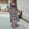 Basic Casual Dresses Printed Dress 2023 Autumn Elegant V-Neck Long Dress T230727