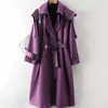 Women's Trench Coats Fashion Purple Coat Spring Autumn Suit Collar Double-breasted Long Ladies Overcoat Korean Loose Windbreaker