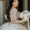 Champagne Long Sleeves Luxury Tulle Ball Gown Quinceanera Dresses Gold Appliques Vestido De 15 Anos Sweet 16 Dresses
