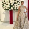 2019 col haut Champagne Yousef Aljasmi Dubaï robes de soirée arabes robes de bal surjupe détachable train sirène dentelle Applique P237z