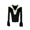 Women's Sweaters PREPOMP 2023 Autumn Winter Long Flare Sleeve Zipper Turn Down Collar Patchwork Color Slim Sweater Women Knitted Pullovers