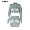 Zweiteiliges Kleid CM.YAYA Mode Frauen Hand 3D-gedrucktes, figurbetontes Midi-Minirock-Kleid, Anzug und langärmliges, bauchfreies T-Shirt Zwei 2-teiliges Set-Outfits 230726