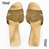 Tofflor Traf Flat Sandaler Kvinnor Slippare Gold Black Women Criss Cross Slider Sandaler Summer Luxury Round Toe Shoes 230726