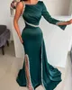 Dark Green Formal Mermaid Evening Dresses One Shoulder Beads Split Party Prom Dress Pleats Long Dress for red carpet special occasion