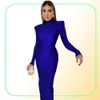 Sukienki swobodne czarne sukienki midi bodycon kobiety niebieskie zielone podkładki na ramię z długim rękawem Turtleeck elegancki wieczór seksowna impreza maxi club5335439