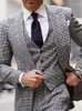 Herenpakken Houndstooth Mannen 3 Stuks Blazer Vest Broek Een Knop Zakelijke Brede Revers Tuxedo Bruiloft Formeel Werk Causaal Tailored