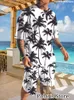 Herrspårspår Famingo Print Tracksuit Hawaiian Style Short Sleeve T Shirt Beach Shorts 2 Piece Outfit Clothes for Men Oversize Sportwear 230727