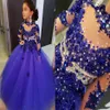 Incríveis vestidos de desfile de menina de gola alta azul real, cristal, strass, miçangas, criança transparente, crianças, bebês, primeira comunhão, Dres318e