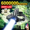 헤드 램프 6000000lm 200W LED 헤드 램프 강력한 헤드 램프 USB 헤드 랜턴 6000mAh 헤드 손전등 줌 3000m 토치 낚시 램프 230727